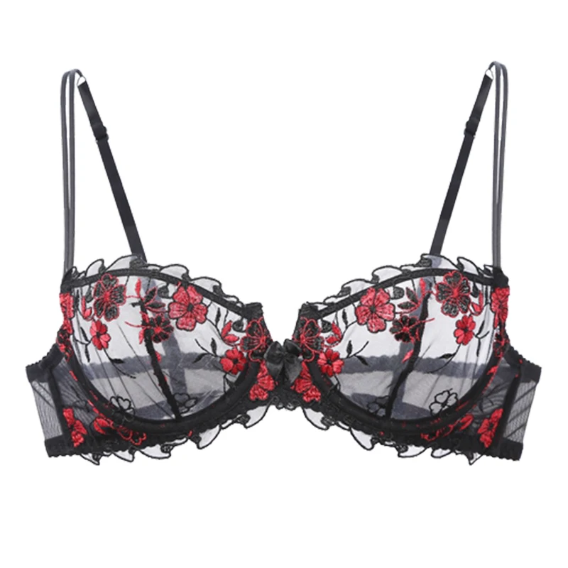 BLACK-RED Lilymoda, женский сексуальный ультратонкий прозрачный бюстгальтер без подкладки, эротический, балконет, ДЕМИ, кружевной, с вышивкой, бюстгальтер, женское нижнее белье, нижнее белье - Цвет: BLACK-RED