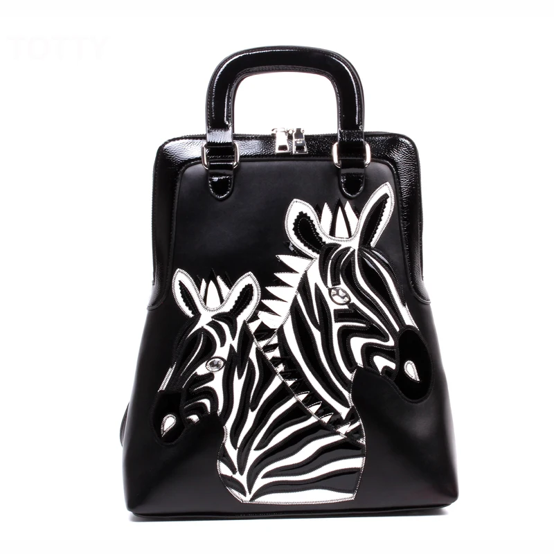 

Women Bag Genuine Leather Patchwork Embroidery Backpack Schoolbag Student Bag Travel Bag Braccialini Brand Style Cartoon Zebra