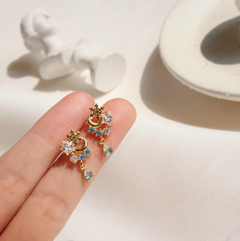 S925 серебро иглы медный материал красочные кубический цирконий Звезда Луна Висячие серьги для женщин Роскошные шикарные маленькие висячие серьги