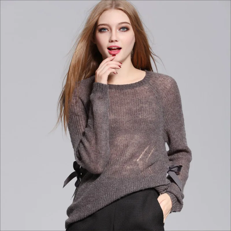 Women See Through Sweater Pullovers Wool Blends Eyelet Bow Knitted Tops Jumper Sheer Sexy Style Solid Color | Женская одежда