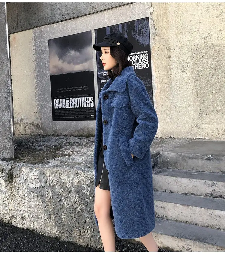 blue Благородное пальто из овечьей шерсти и меха для женщин, зимнее модное шерстяное пальто, женская теплая верхняя одежда, Лоскутная Женская куртка из овечьей шерсти - Цвет: blue