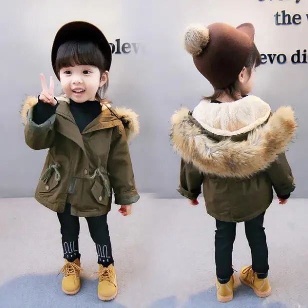 YWPENGCAI/зимняя детская армейская зеленая Меховая куртка с капюшоном на талии
