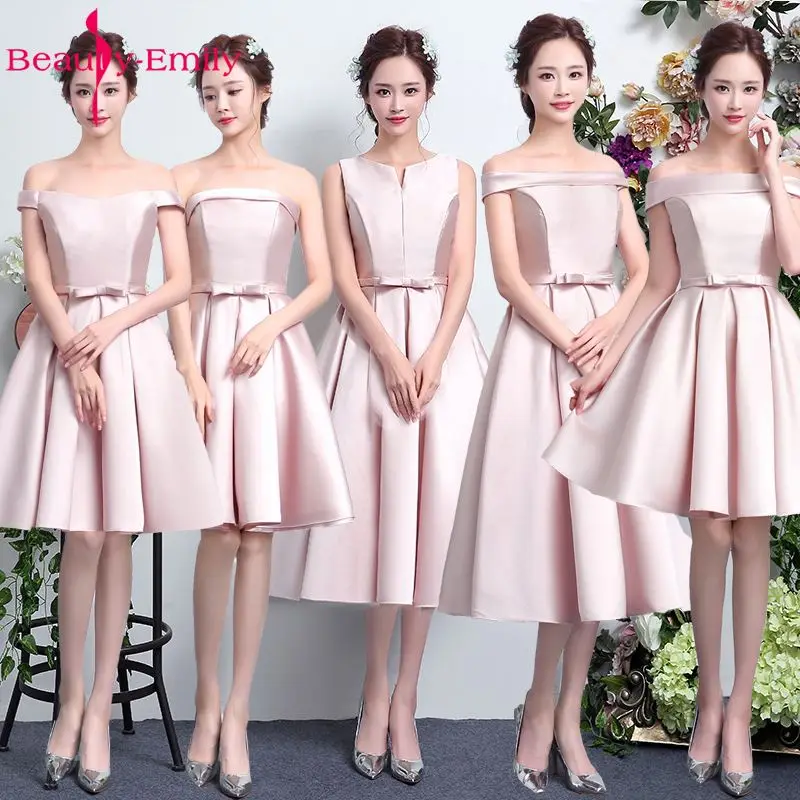 

Beauty Emily 2019 Stain Pink Formal Evening Dresses Hard Satin Short Party Gowns for Women short cheap party prom dress