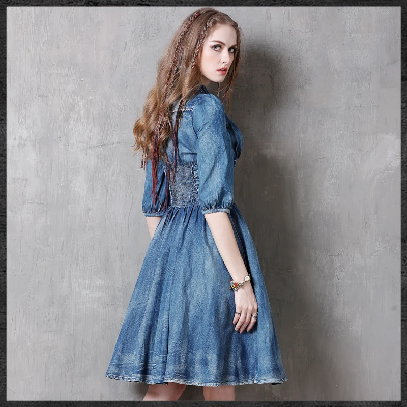 Женское джинсовое платье в стиле бохо винтажное этническом с длинным рукавом и