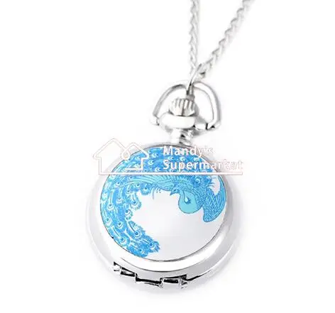 Hot selling Trumpet white steel enamel pocket watch blue peacock mirror necklace Wholesale | Украшения и аксессуары
