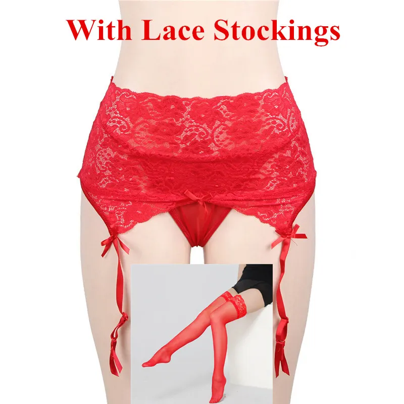 Red Stockings Set Женское сексуальное нижнее белье размера плюс, сексуальные чулки, набор, открытая промежность, сексуальные колготки, кружева, пояс с подвязками+ чулки до бедра, женские Чулочные изделия - Цвет: Red Stockings Set