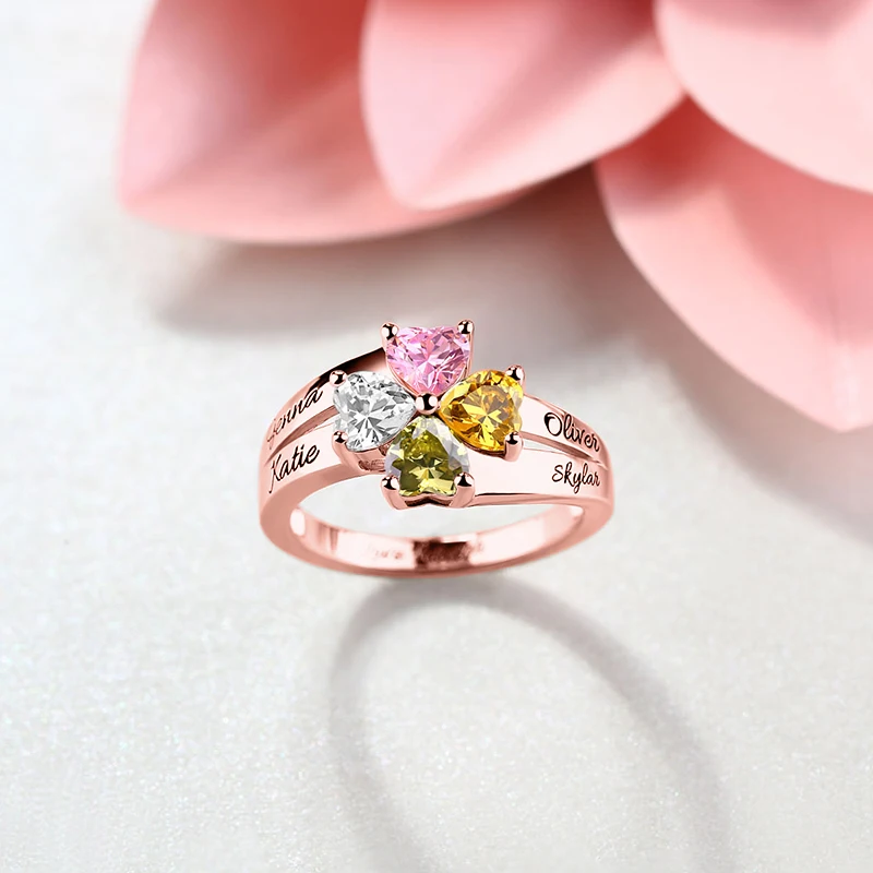 Wholesale MOM Jewelry Mother's Love and Lucky 4 Birthstones Ring In Rose Gold Color Name&ampBirthstone Rings For Her Christmas Gift |