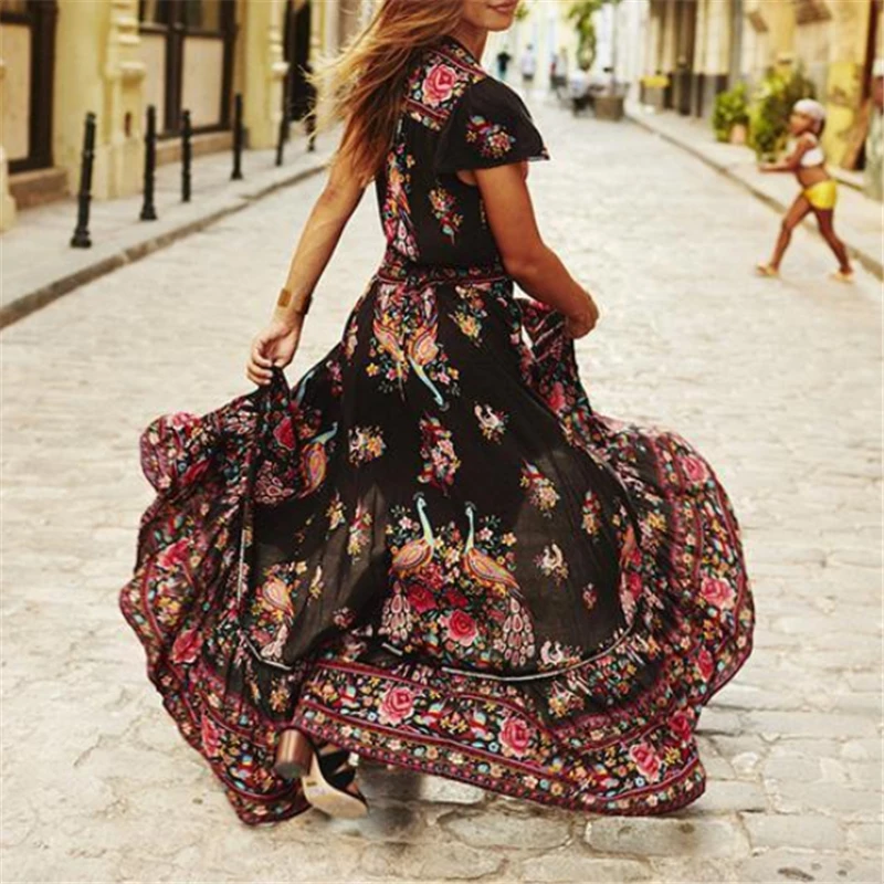 Женское модное летнее шифоновое платье Boho винтажное до щиколотки с глубоким