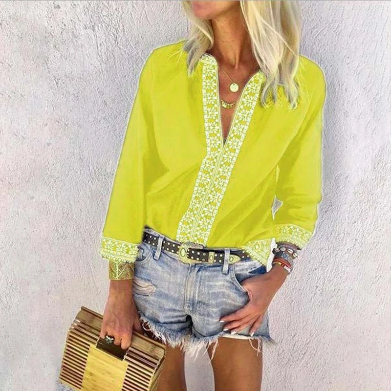 

Summer Womens New Multicolor V Neck Shirt 3/4 Sleeve Beautiful Clothes Boho Ladies Casual S-5XL Loose Tunic Tops Blouse 2019