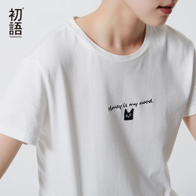Toyouth Embroidery Cat Summer T-Shirts For Women Letter Short Sleeve Female Basic T Shirt All-Match Black White Tee Femme | Женская