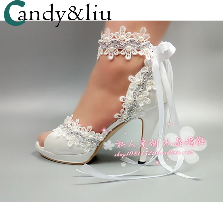 

White Lace Wedding Shoes High Heel Ankle Strap Appliques Peep Toe Women Sandals for Party Banquet Bridesmaid Reception Handmade