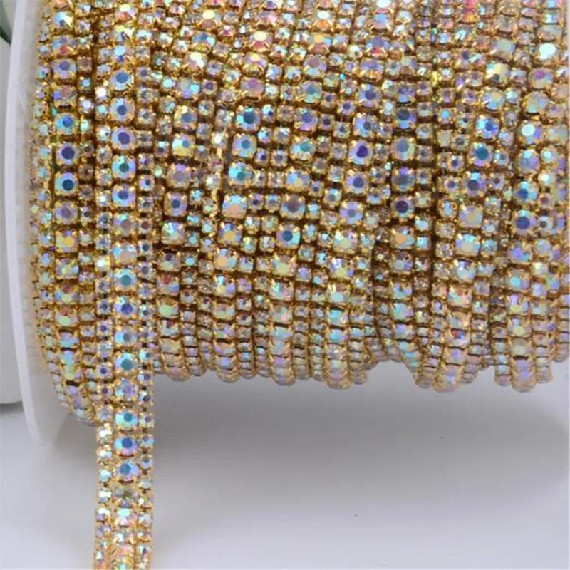 3Yard Free-shipping 3Rows 1cm Clear AB Blue Gold Rhinestone Crystal Silver Tone Chain Costume Applique Trims Sewing RT0110 | Дом и сад