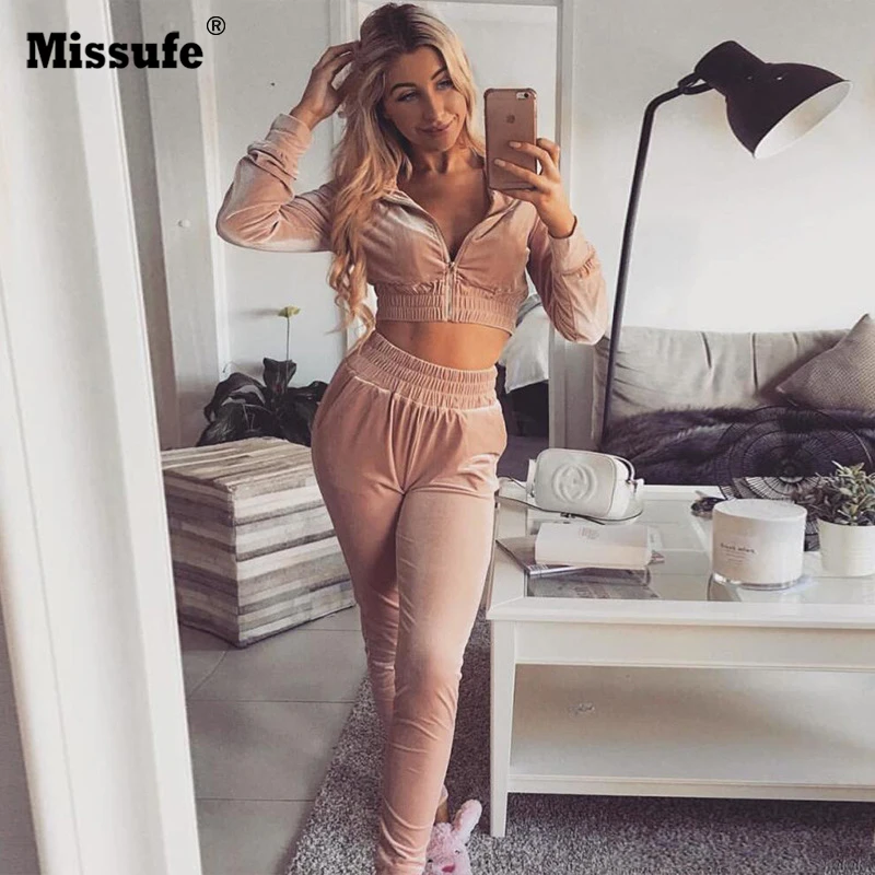 Женский спортивный костюм Missufe бархатный укороченный топ с длинными рукавами и