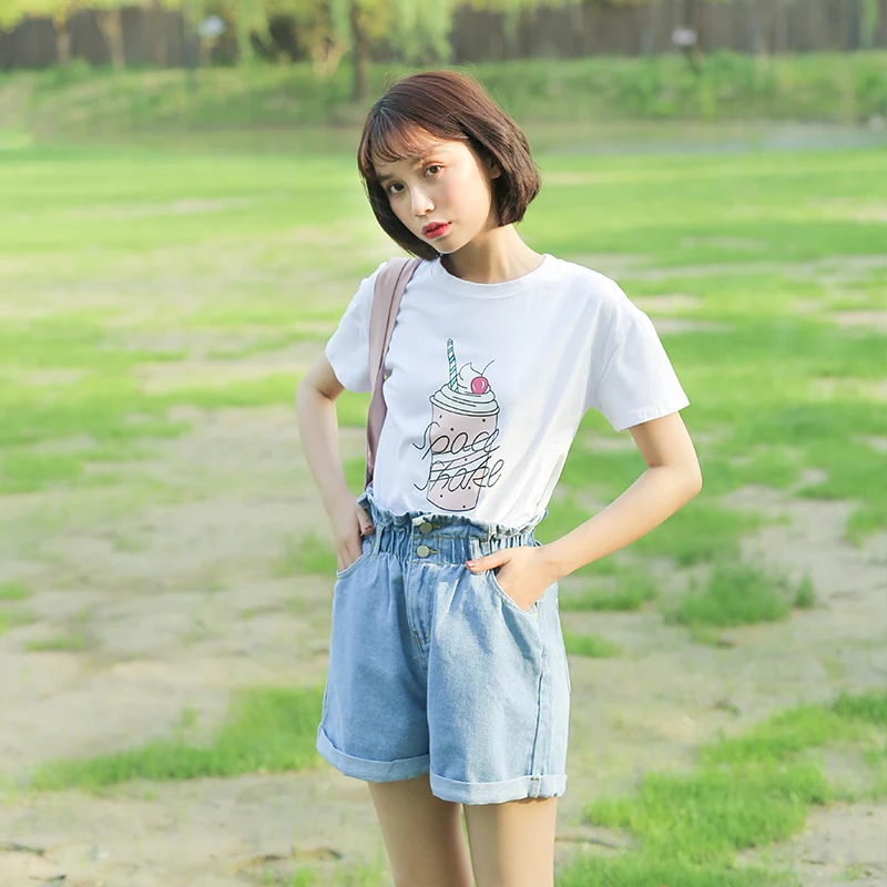 Vetevidi летние свободные джинсовые шорты с высокой талией женские тонкие