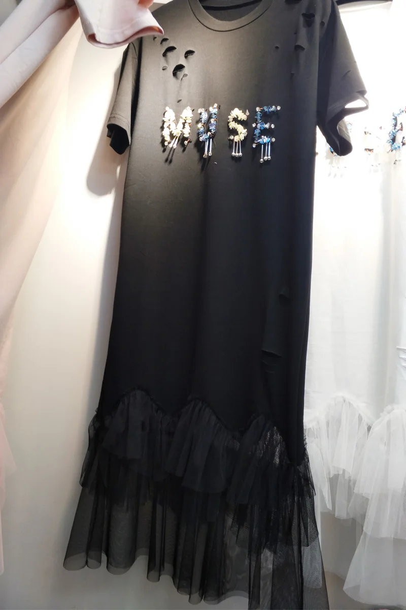 Женское длинное платье с коротким рукавом однотонное Сетчатое лоскутное