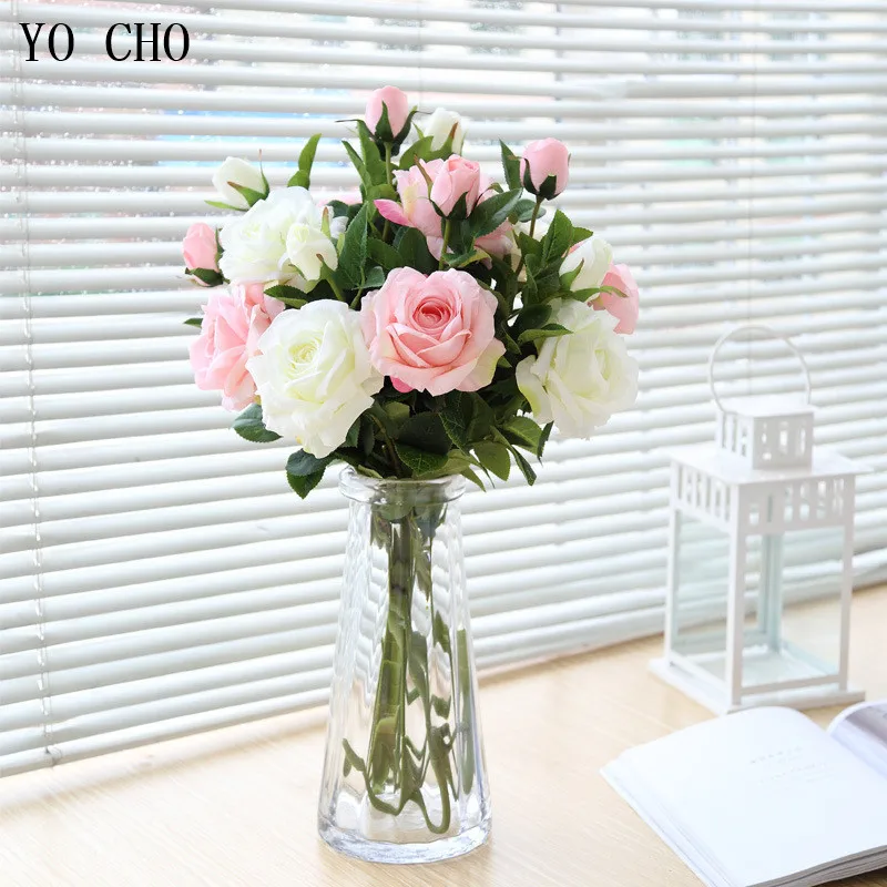 

YO CHO 64 CM French Pink Roses Flores Silk Rose Artificial Flowers White Peony Wedding Centerpiece Home Party Decor Fake Flowers