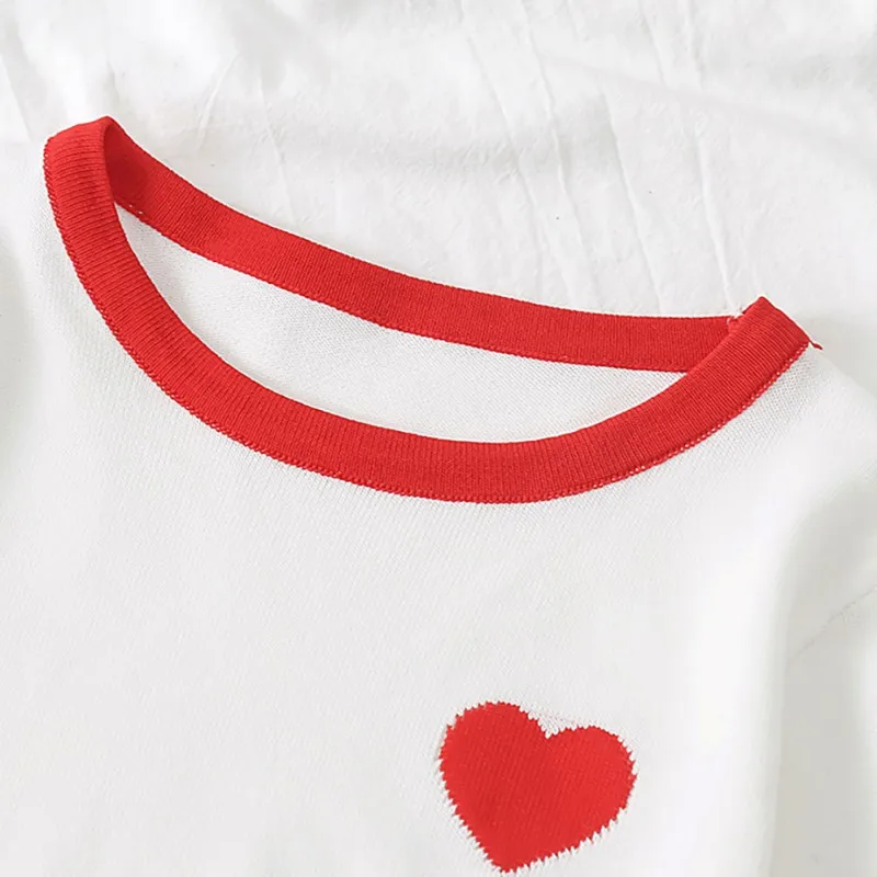 Women's Summer Color Block Heart Embroidery O Neck Knitted Short Sleeve Knitwear Pullover Women T shirt | Женская одежда