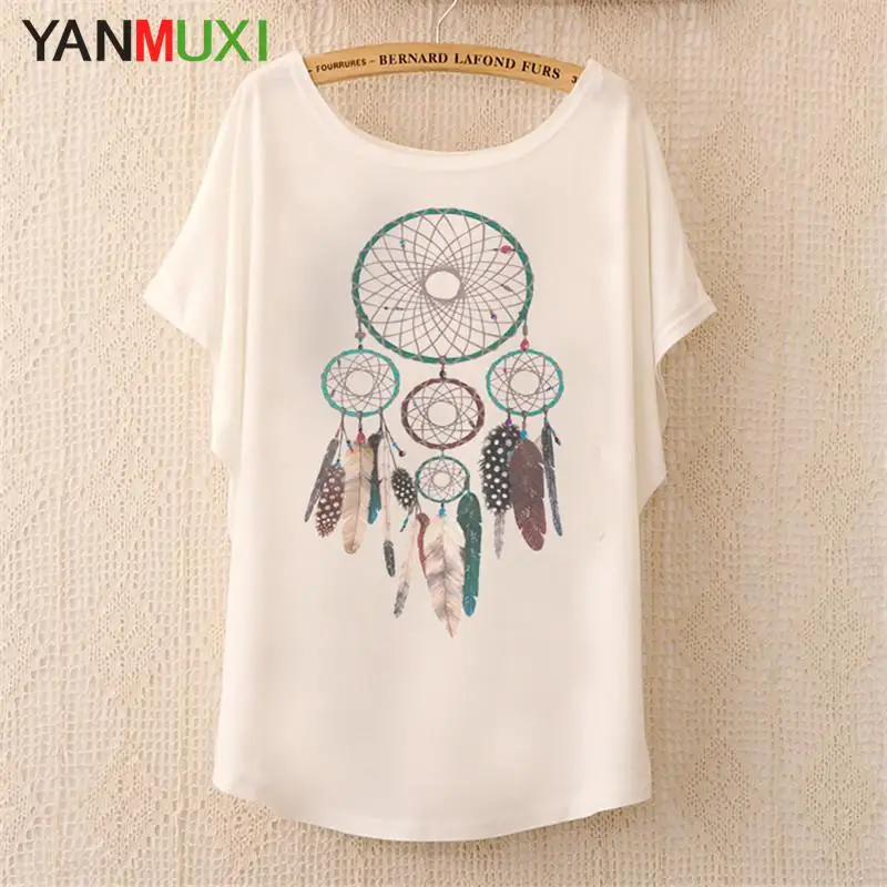 New 2017 summer T shirt women style thin plus size loose batwing sleeve women's T-shirt cat kiss Fish print Top Tees | Женская