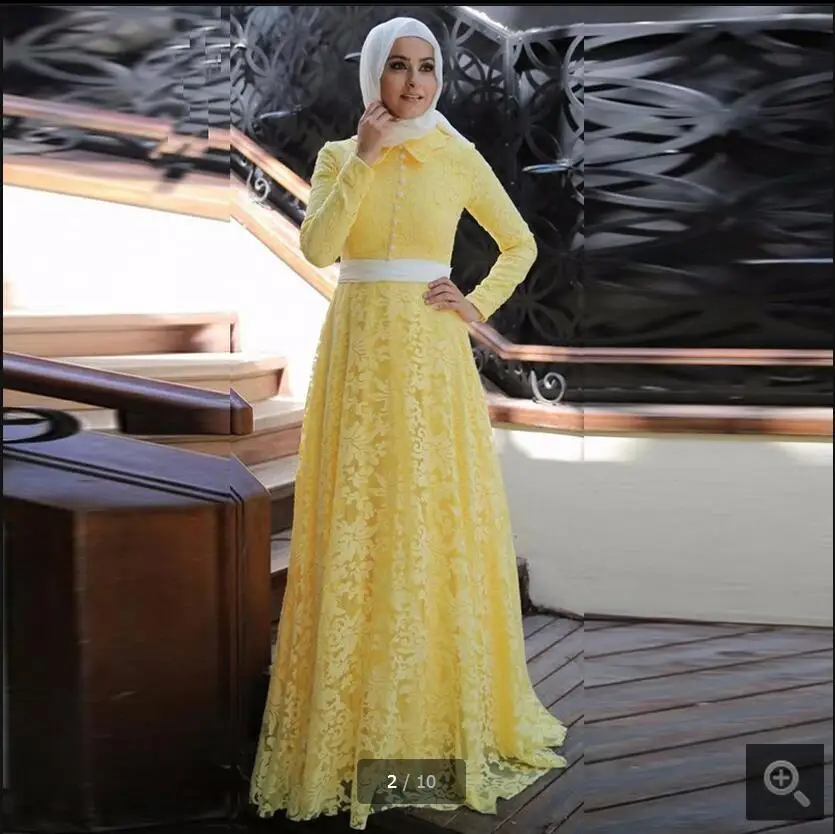 2017 желтое кружевное мусульманское вечернее платье с длинным рукавом хиджаб