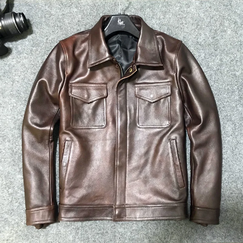

Autumn Winter Male Clothing Mens Vintage Brown Cowskin Leather Jackets Short Design Men Casual Overcoat Mens Turn Down Collar