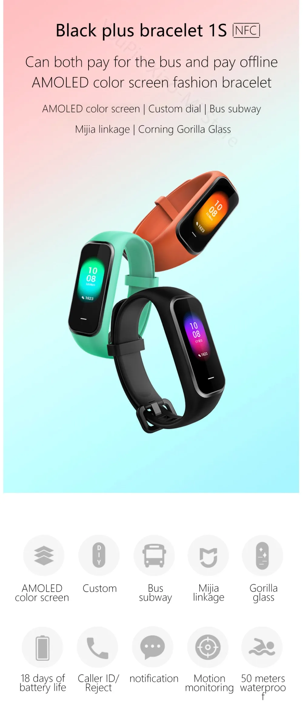 Предпродажа Xiaomi Hey Plus 1S Smartband 0,95 дюймов AMOLED цветной экран встроенный многофункциональный NFC пульсометр Hey+ 1S Band