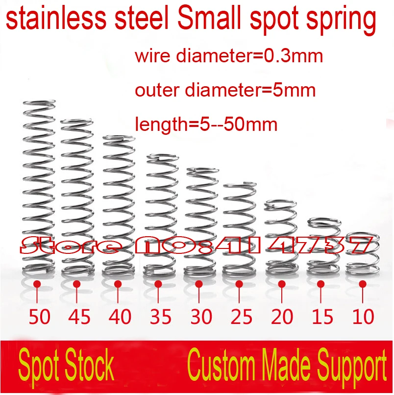 

50pcs/lot 0.3*5*5-50mm stainless steel 304 Small spot spring 0.3mm wire micro spring compression spring pressure spring OD=5mm