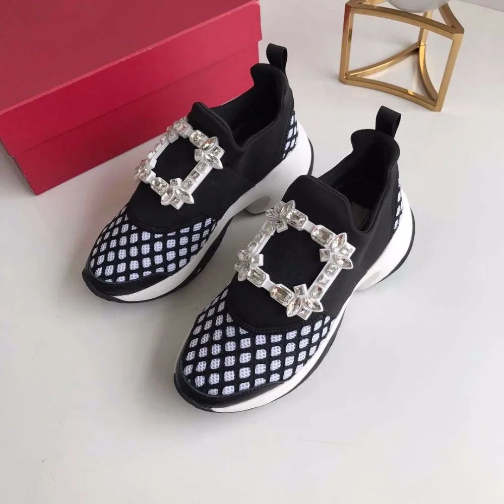 Hot Crystal Square Buckle Mesh Sneakers Women Genuine Leather Platform Thick bottom Flat Breathe Shoes Casual Shoes For Women
