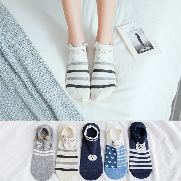 Little cat Socks 5 пар, милые хлопковые носки с животными женские летние короткие носки с изображением единорога, кота, сердца женские повседневные Мягкие забавные носки, Размеры 35-40 - Цвет: Little cat Socks