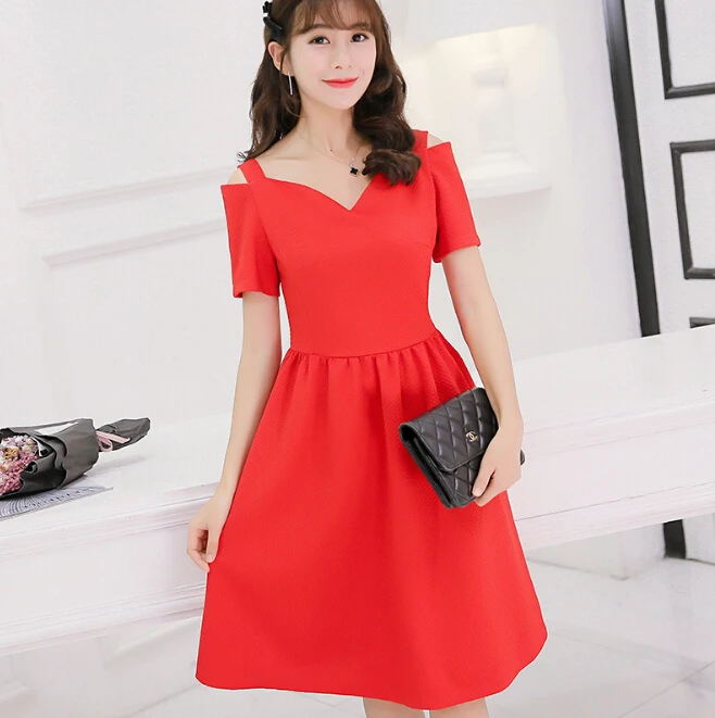 Корейское милое летнее платье с открытыми плечами и коротким рукавом женская