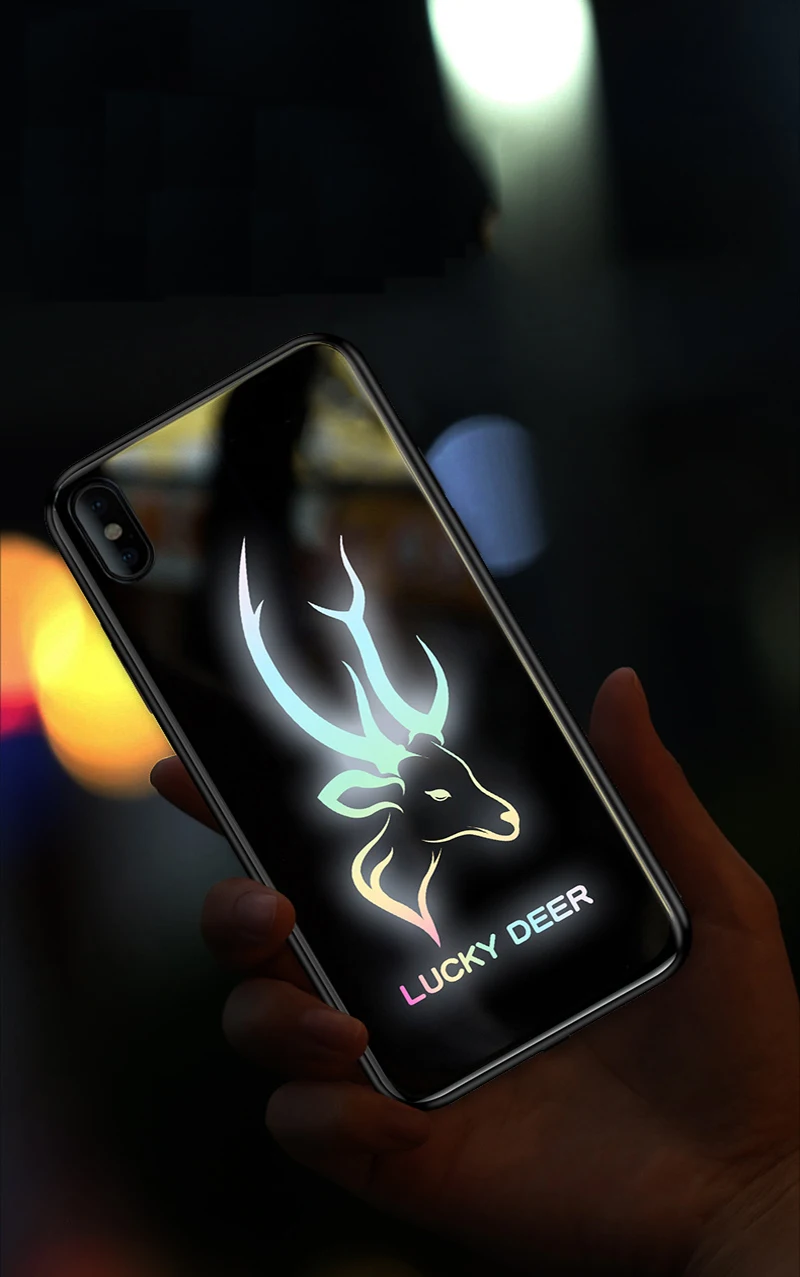 EKIND Spirit Олень чехол из закаленного стекла для телефона для iPhone X XS XSMAX светодиодный логотип Вспышка стеклянный чехол для iPhone защитный чехол для телефона