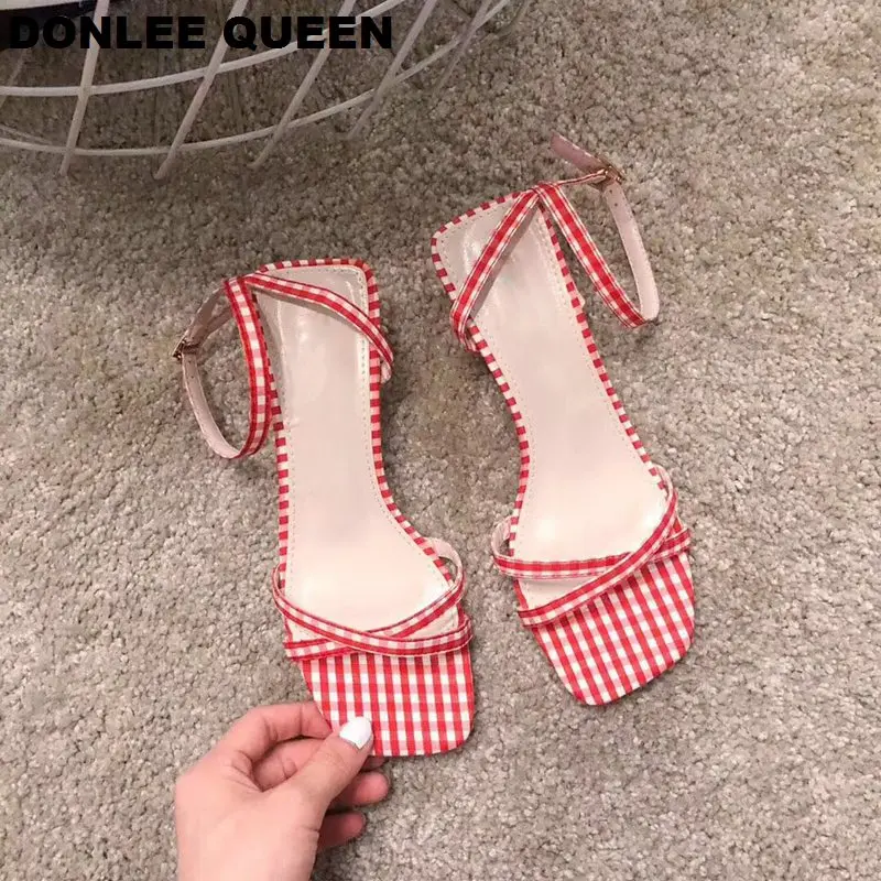 2019 Fashion Plaid Fabric Narrow Band Cross Women Sandals Square Heel Ladies Concise Summer Shoes Ankle Strap Back | Обувь