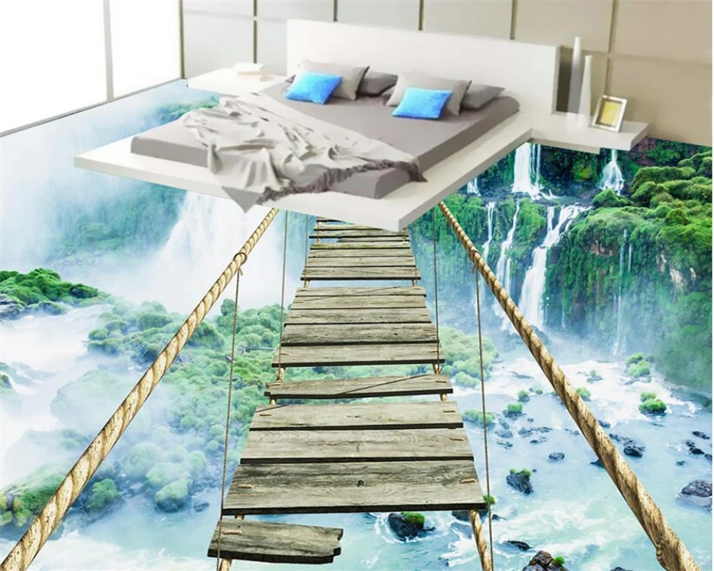 

Custom 3D wallpaper landscape waterfall rope rope wooden bridge floor self - adhesive waterproof bathroom 3d flooring Beibehang