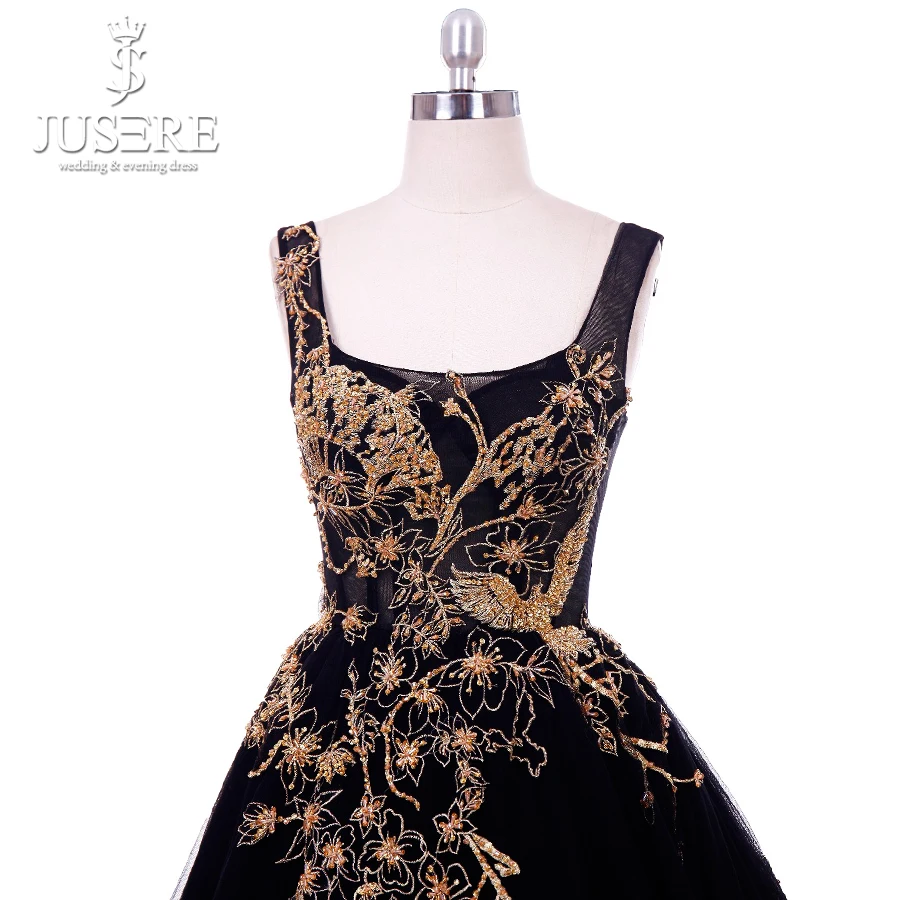 Jusere Real Photos Square Neck Puffy Ball Gown Celebrity Dresses Low Back Golden Embellishment Black Evening Dress Custom