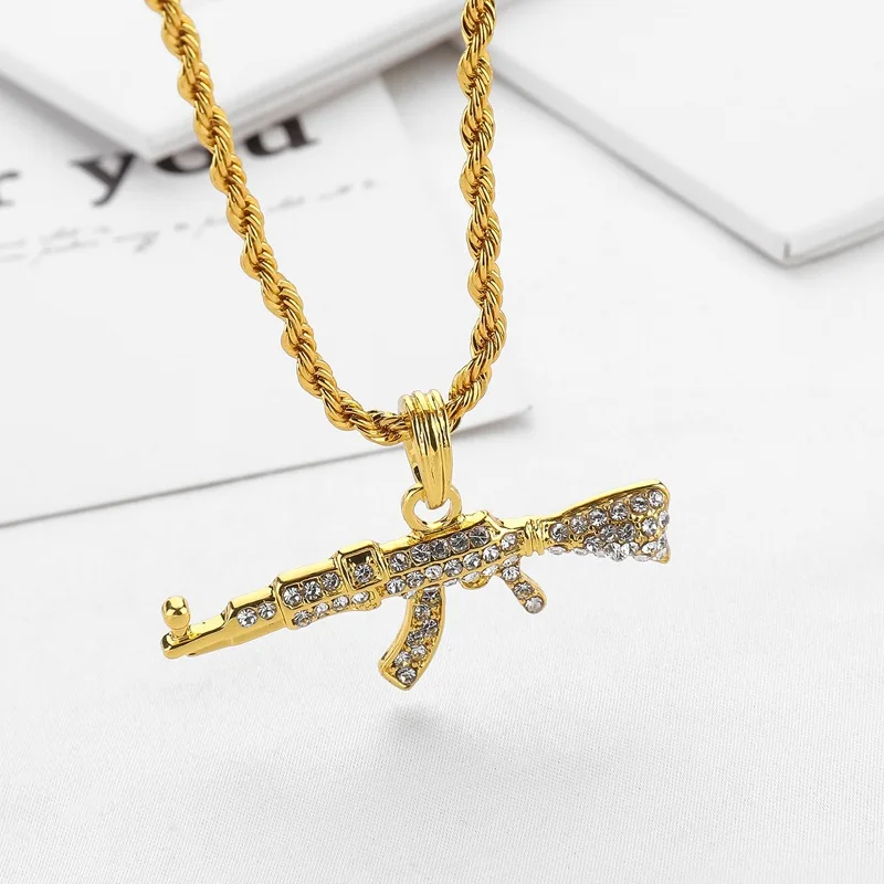 Модный AK 47 вращающийся пистолет хип хоп Золотой Кристалл ожерелье iced Out кубинская