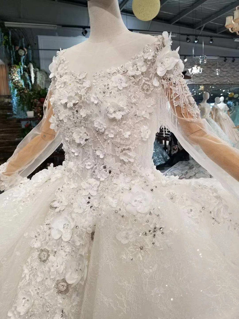 LSS075 free shipping beauty wedding gown o-neck long sleeve ball petal 3D flowers vestido elegante mujer para invitada boda | Свадьбы и