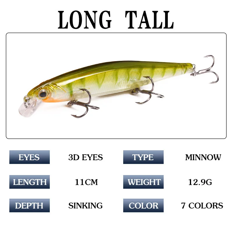 7Pcs/lot Minnow Fishing Lure 11cm/12.9g Isca Artificial Hard Bait With 3 Treble Hooks For Peche Tackle Pesca | Спорт и развлечения