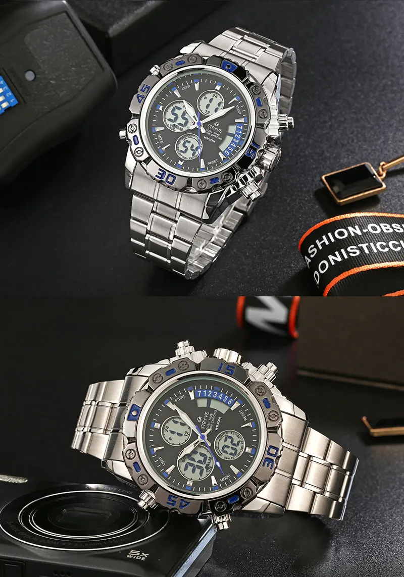 STRYVE Montre Homme новые мужские часы спортивные водонепроницаемые цифровые кварцевые аналоговые с датой часы Неделя светодиодный Heren Horloge