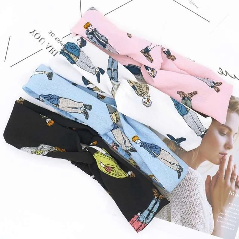 Cartoon Character Elastic Hair Accessories Wide-brimmed Cross-elastic Knot Headband Band Female Headdress | Украшения и