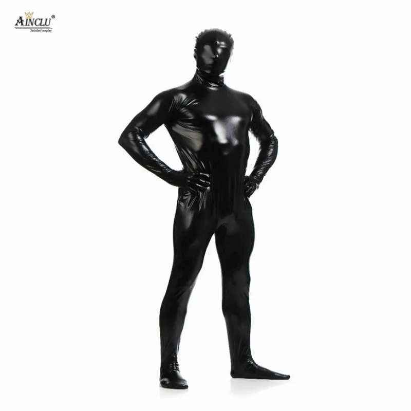 Ainclu цельный черный клей металлик Zentai для хеллоуина Блестящий спандекс с длинным