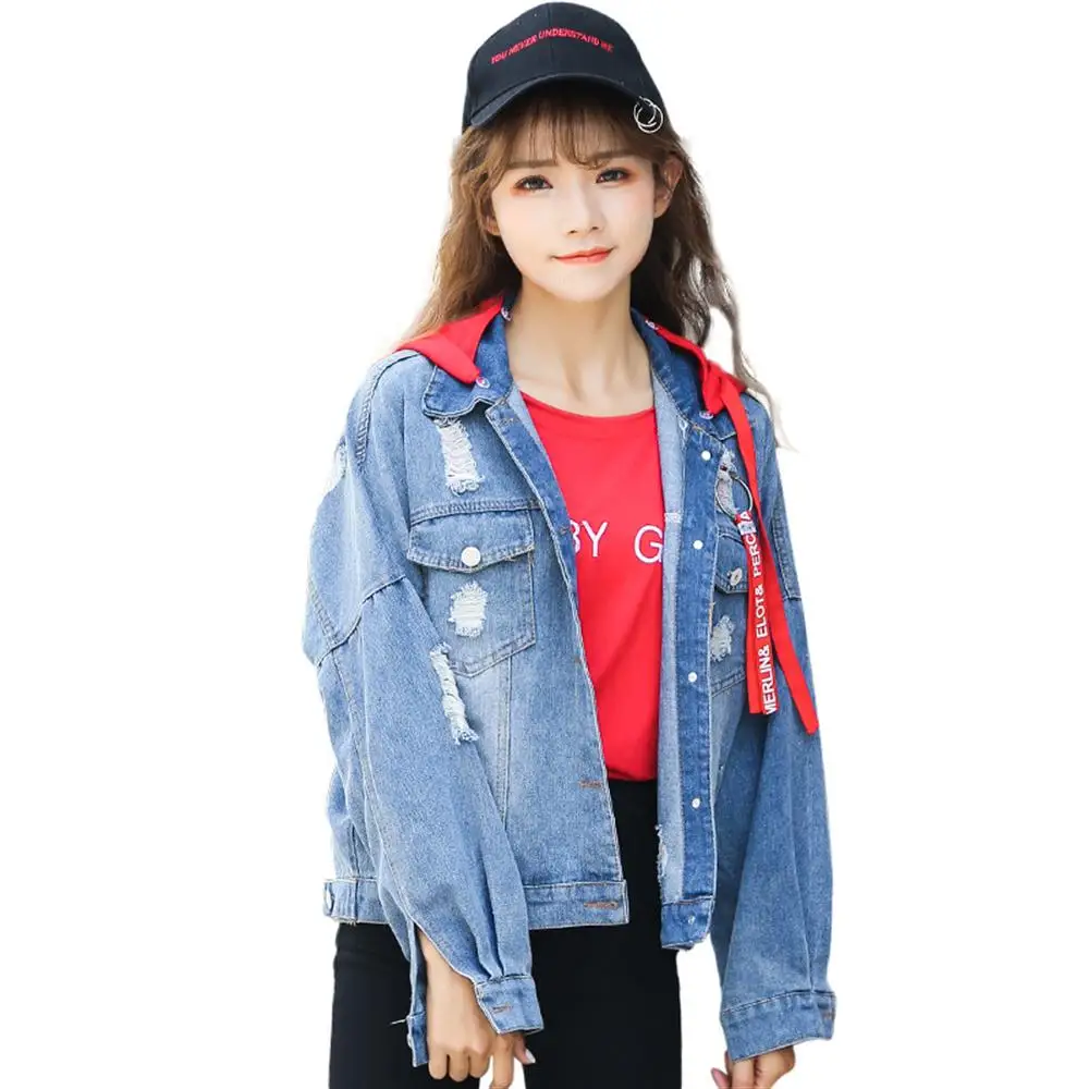 2018 spring autumn new long sleeve jeans coat holes removeable hat women denim jackets fashion letters girl hip hop jacket | Женская