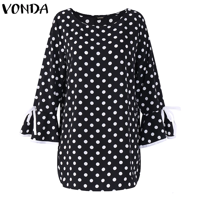 VONDA Women Blouses Summer Pregnant Flare Sleeve Blusas Shirts Casual Loose Polka Dot Print Elegant Maternity Clothes Tops