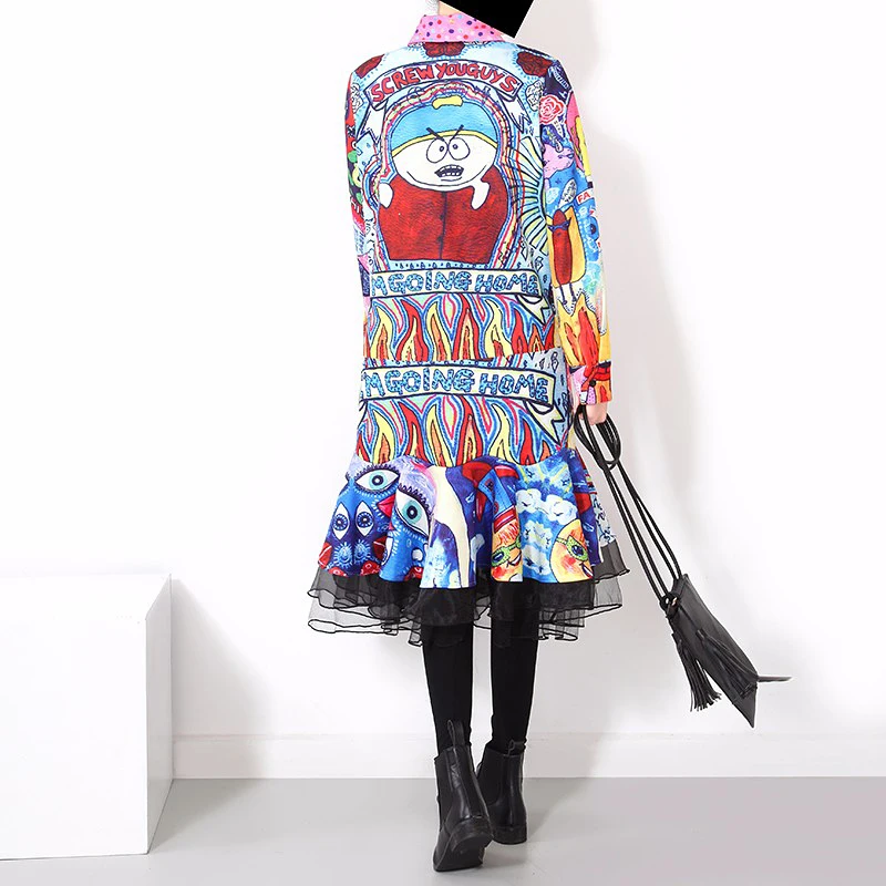 New 2018 Women Colorful Flare Shirt Dress Long Sleeve Trumpet Bottoms Cartoon Multicolor Printed Boho Chic Midi 1945 |