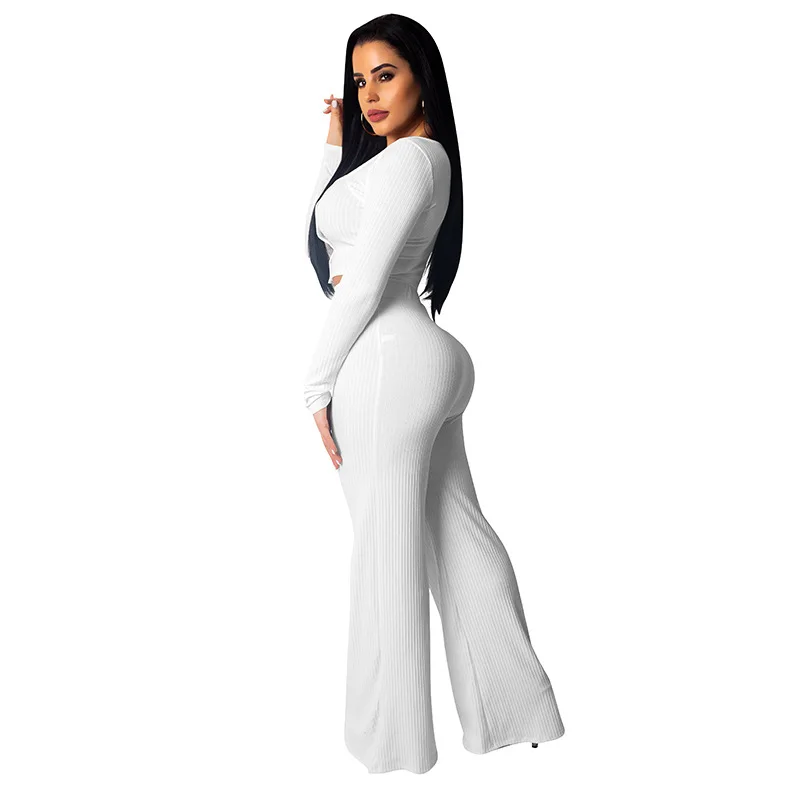 Для женщин трикотажные длинные рукава укороченный топ свободные штаны комплект