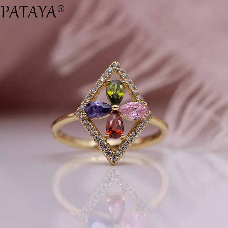 PATAYA, новинка, разноцветные, четыре капли воды, женские кольца, микро воск, инкрустация, квадратные, натуральный циркон, вечерние, модные ювелирные изделия, 585, кольцо из розового золота