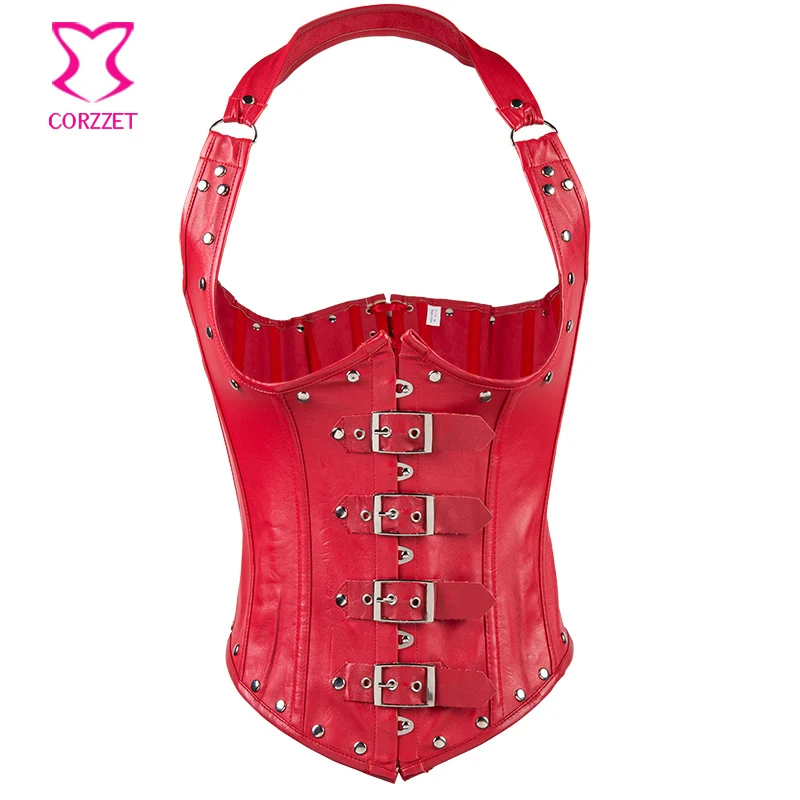 Corzzet Burlesque Красная кожаная лямка под бюст стимпанк Корсеты и бюстье Талия для