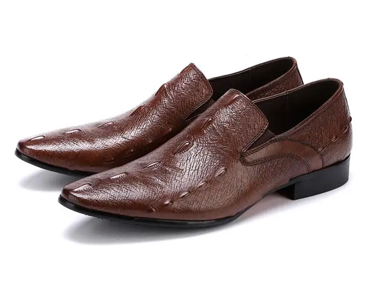 Pointed Toe Men Slip-On Formal Dress Oxfords Shoes Genuine Leather Mens Oxfords Derby Shoes Alligator Pattern Elastic Band Shoes