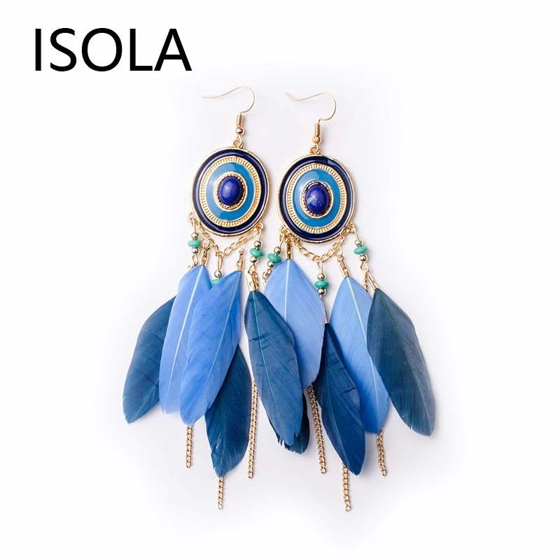Круглые этнические серьги-кисточки ISOLA с перьями эффектные богемные серьги