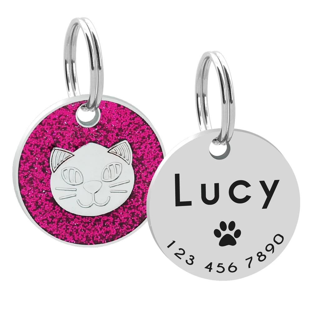 Hot pink Кошка Собака ID жетон с гравировкой Pet украшения на шею кошки Щенок Анти-потери индивидуальные кличка бирки с колокольчиком - Цвет: Hot pink