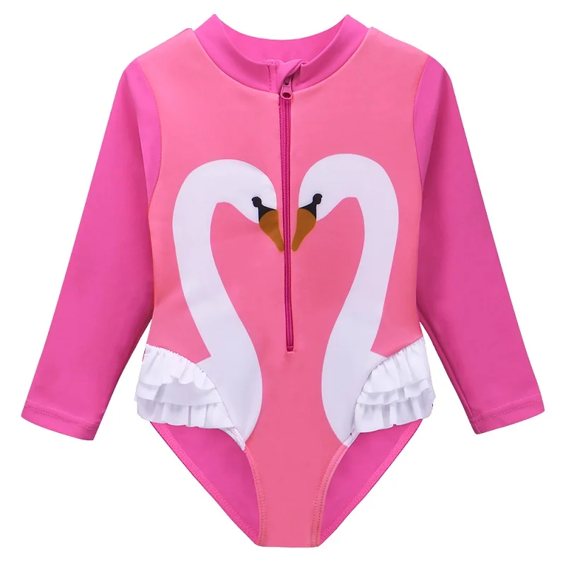HotPinkSwan BAOHULU/милый слитный купальник для девочек, фламинго, детский купальник, бикини, УФ-УФ, UPF 50+, защита от солнца, с длинными рукавами, пляжный купальный костюм - Цвет: HotPinkSwan