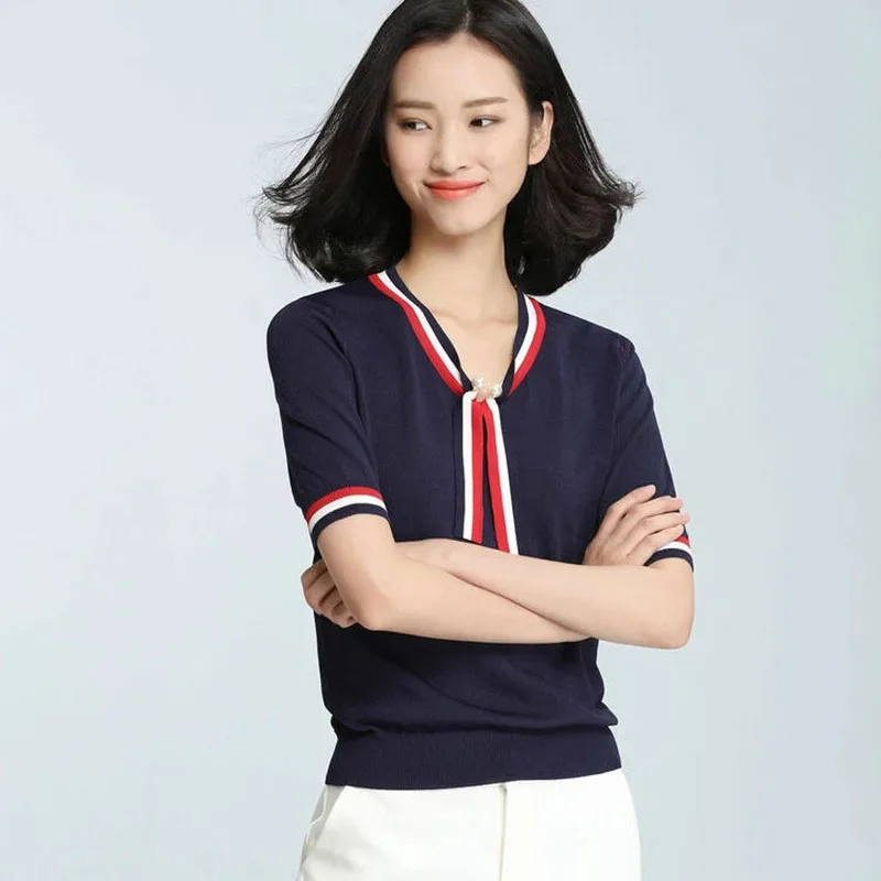 womens top Lady Cotton Short sleeve V-neck woman tshirt all match Basic t-shirt black gray white color bts | Женская одежда